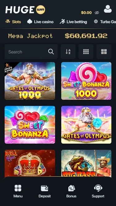 HugeWin game lobby on a phone